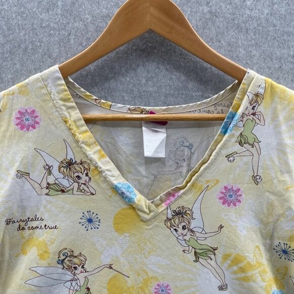 DISNEY Scrub Top Womens 2XL Yellow Cotton Tinkerbell Pockets - Picture 2 of 8